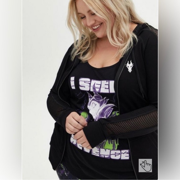 'TORRID Disney Sleeping Beauty Maleficent Black Mesh Shoulder Active Zip Hoodie - Picture 4 of 8